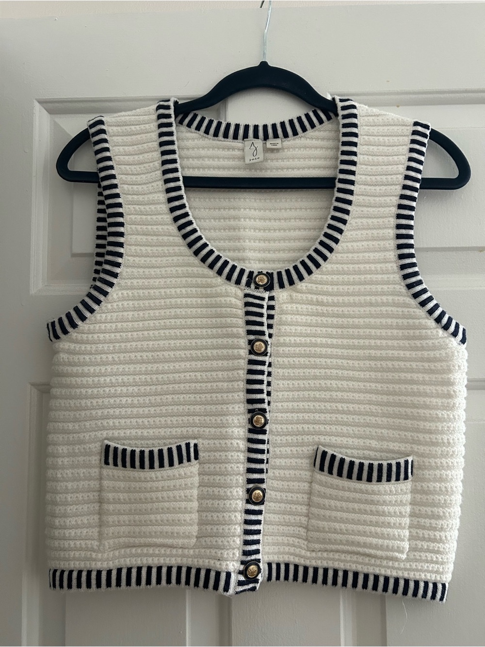 Joie Cream Knit Cardigan with Navy Stripe Trim